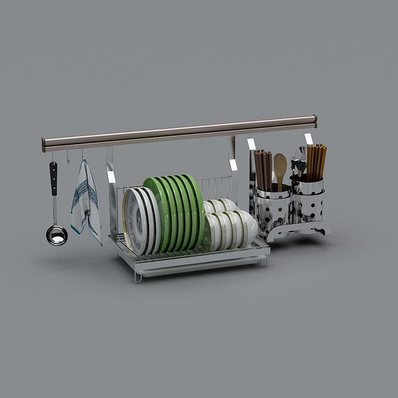 Sleek Low-Poly Dish Rack 3D Model for Modern Kitchens