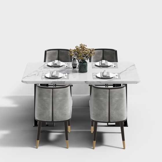 Marble Dining Table and Leather Chair Set 3D model