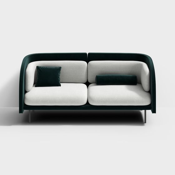 Modern two seat sofa with dark green frame and white cushions on light grey background