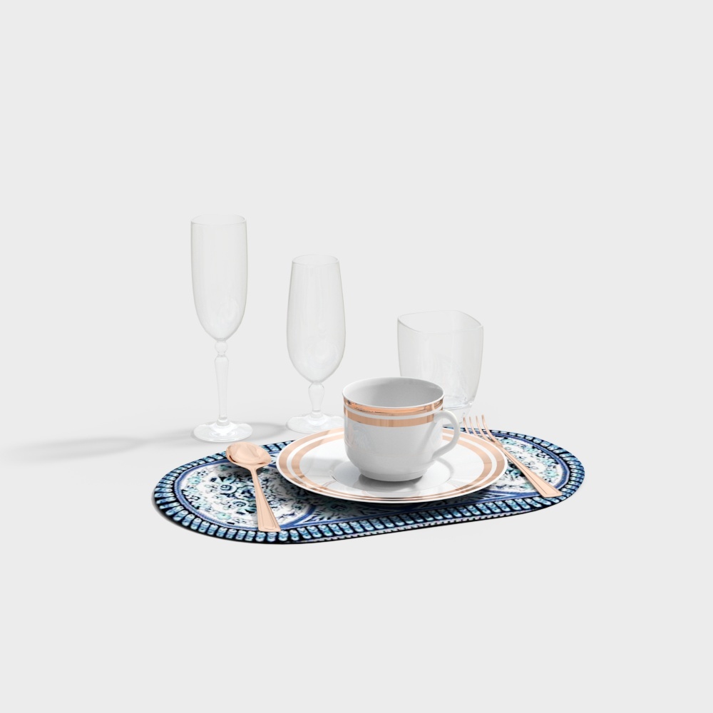 Elegant Dinnerware 3D Model – Low-Poly Gold Accents