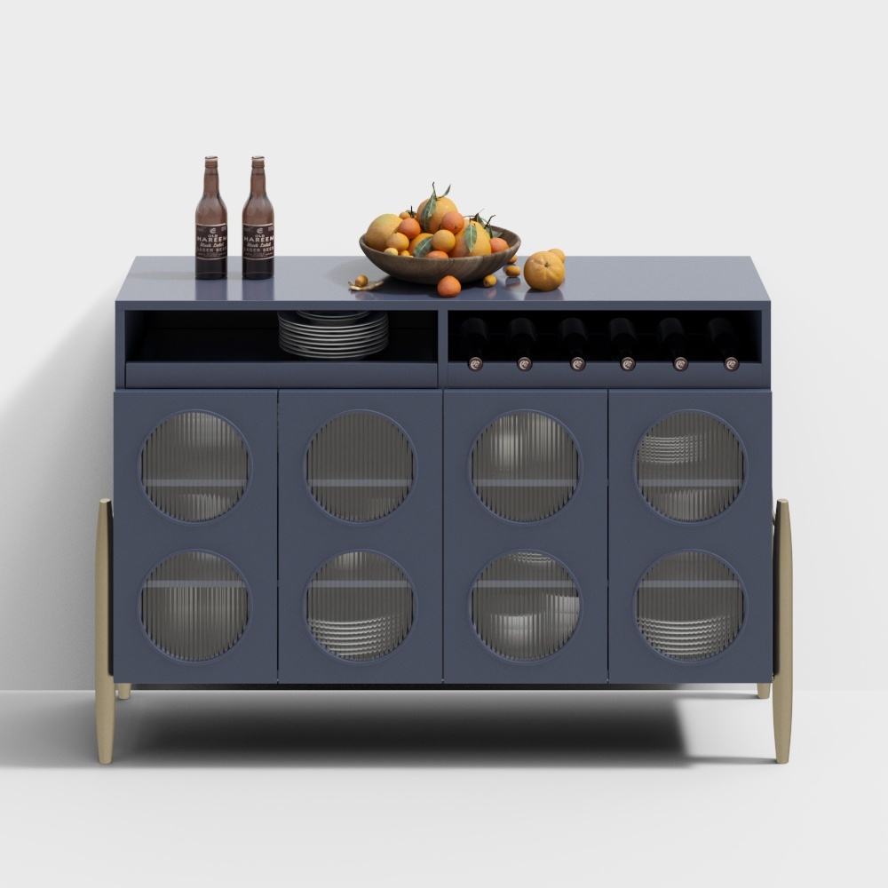 Urban Wine Cabinet 3D Model – Navy Blue with Gold Legs