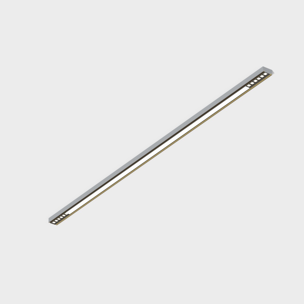 Modern long linear light fixture with silver metal and gold trim on grey background