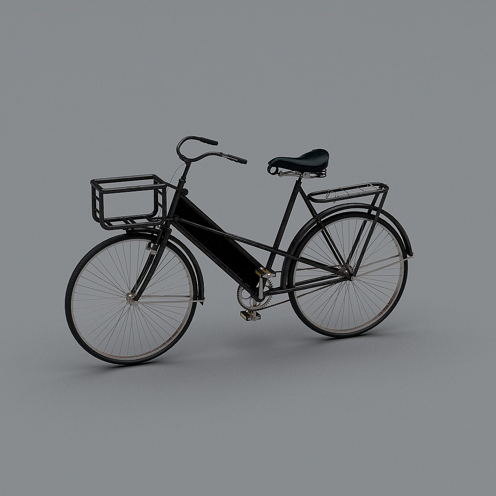 Black vintage bicycle with front basket and rear rack on grey background