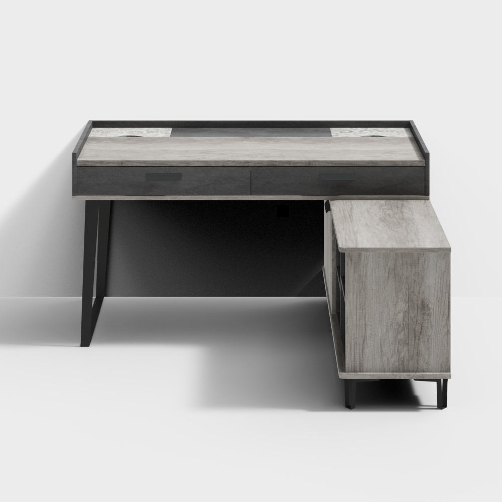 Modern grey wood desk with black frame and two drawers plus side cabinet on white background