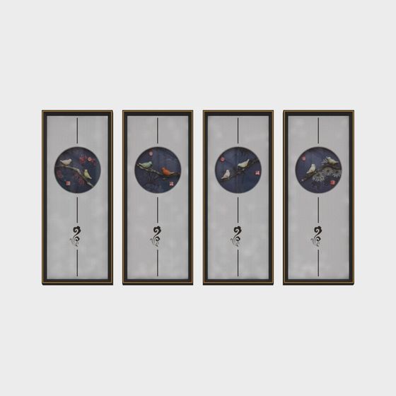 Elegant Four-Panel Oriental Art 3D model