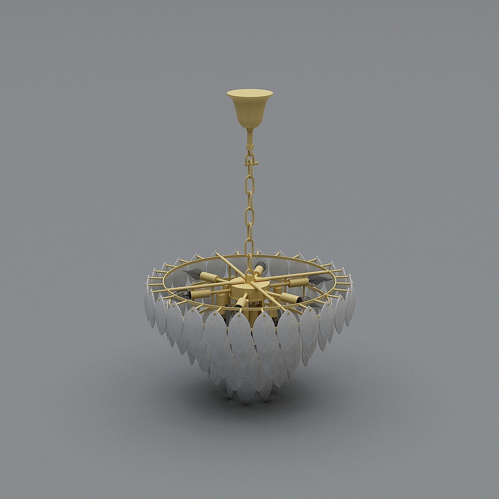 Modern gold metal ceiling light with white glass leaf shades on grey background