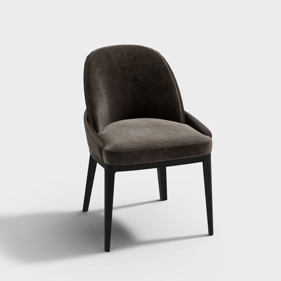 Modern dark brown velvet dining chair with black wooden legs on white background
