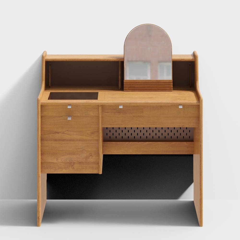 Elegant Low-Poly Dressing Table 3D Model – Wood & Mirror