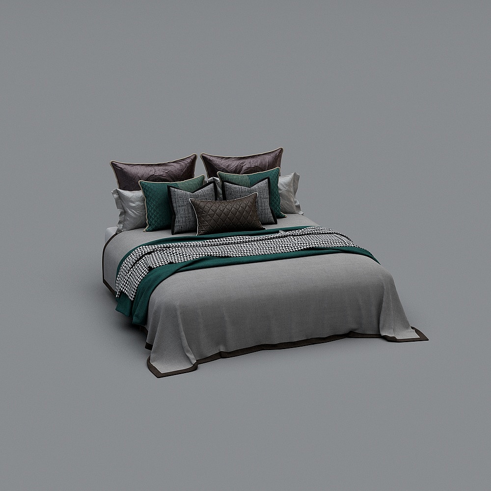 Modern king size bed with grey sheets and green pillows on grey background