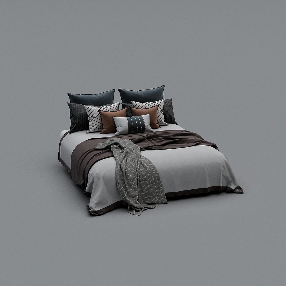Modern king size bed with grey bedding and brown throw pillows on grey background