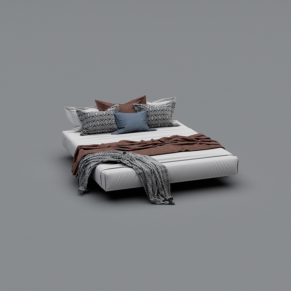 Modern white platform bed with brown blanket and grey pillows on grey background