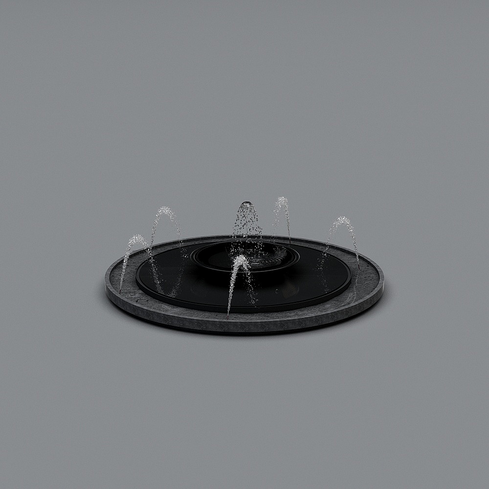 Round black stone water fountain with multiple jets on grey background