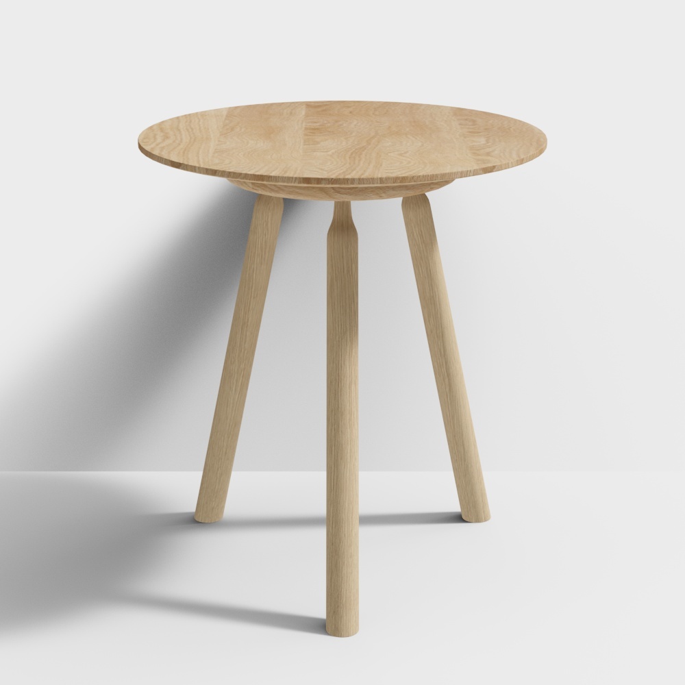 Modern round wooden side table with three legs on white background