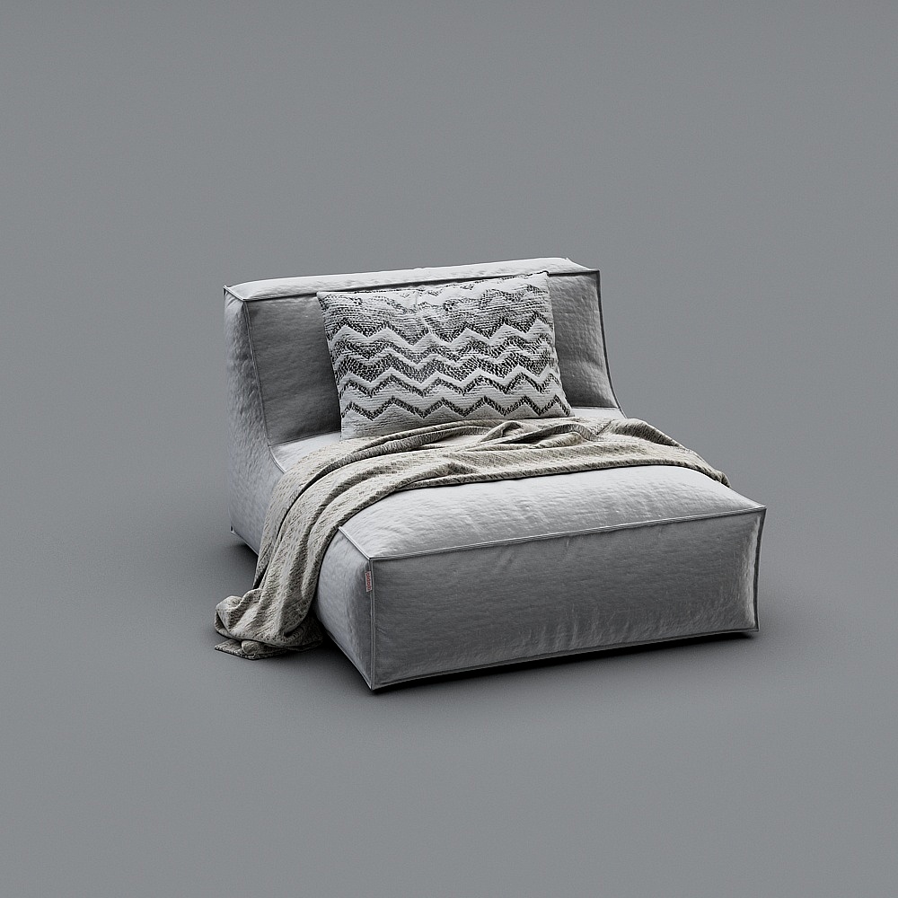Modern grey fabric daybed with patterned pillow and throw blanket on grey background
