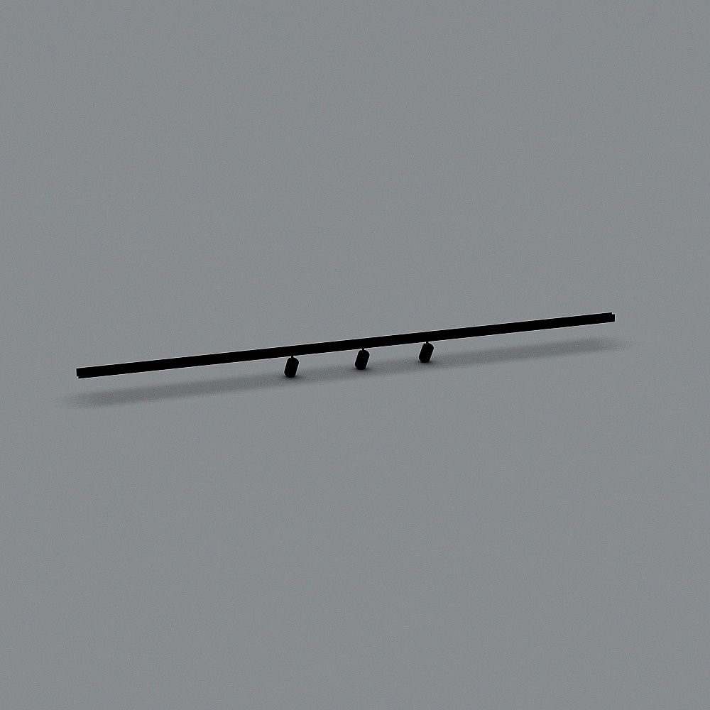Modern black metal track light fixture with three adjustable spotlights on grey background