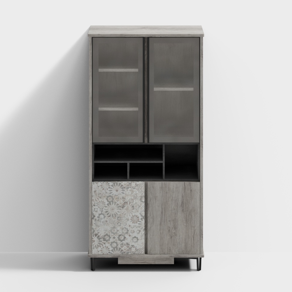 Tall grey wood cabinet with glass doors and patterned panel on white background