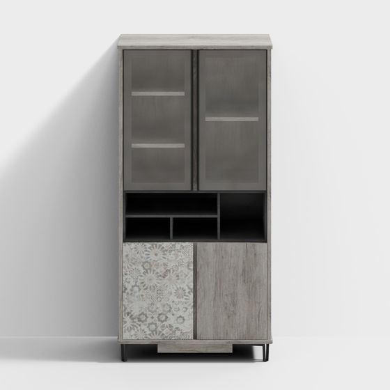 Tall grey wood cabinet with glass doors and patterned panel on white background