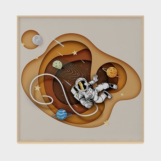Space themed wall art with astronaut and planets in brown tones on white background