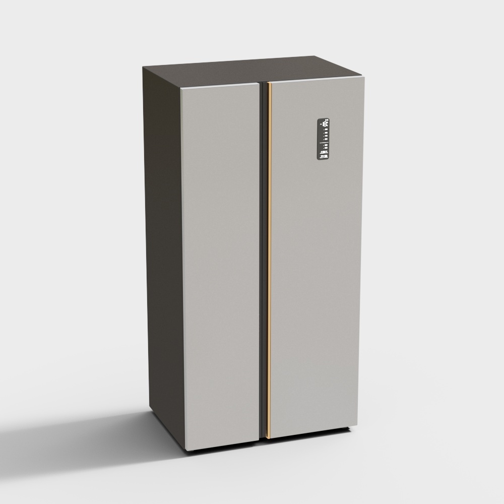 Modern tall grey refrigerator with gold trim and digital screen on white background