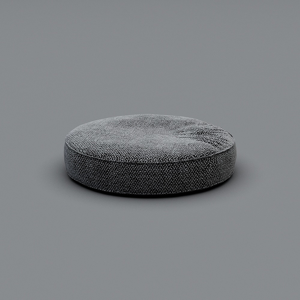 Modern round dark grey fabric floor cushion with textured weave pattern on grey background
