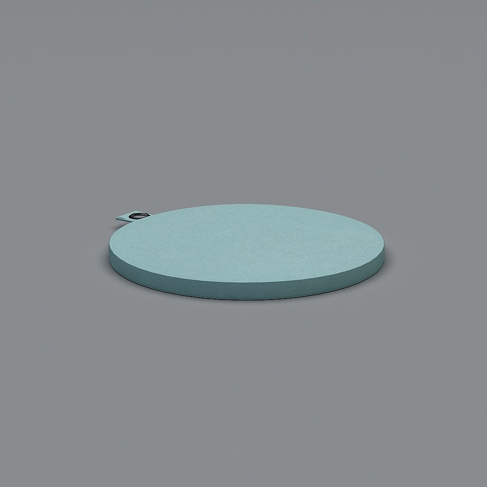 Round light blue stone trivet with small handle loop on grey background