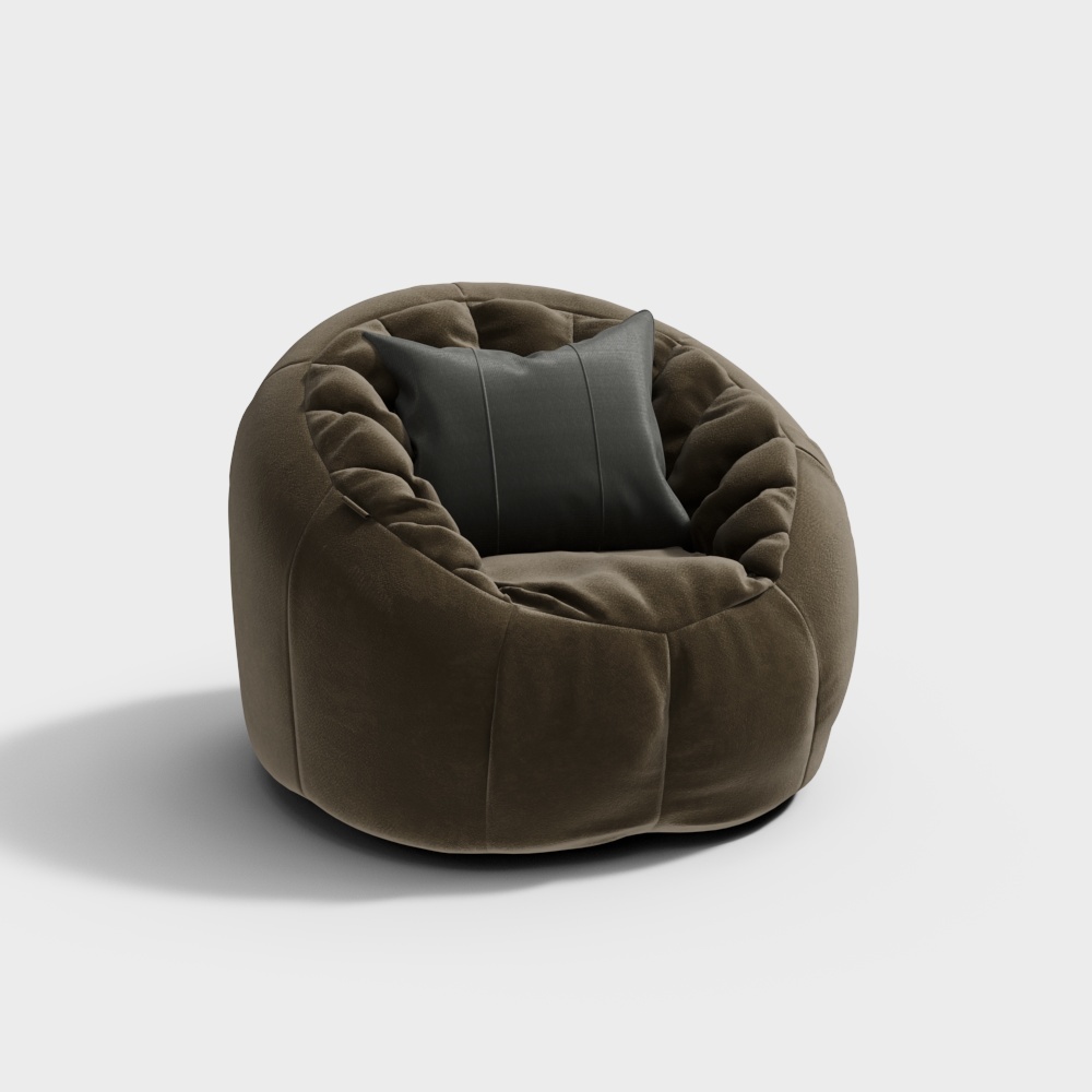 Brown round velvet armchair with black cushion on white background