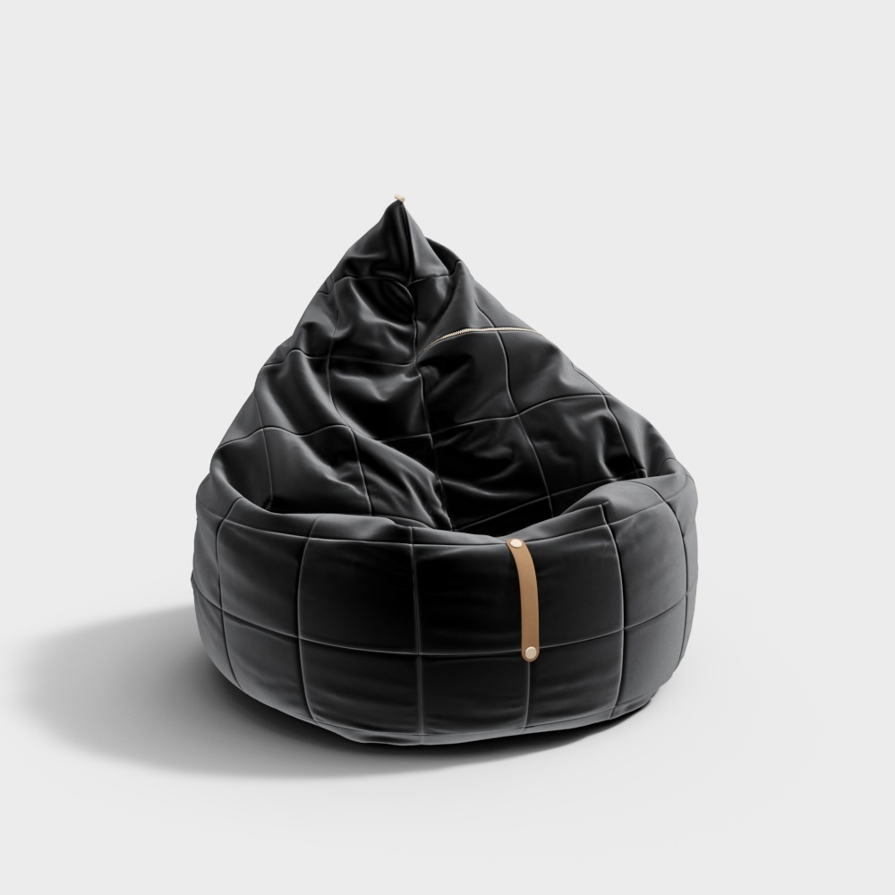 Black quilted leather bean bag chair with gold strap detail on light grey background