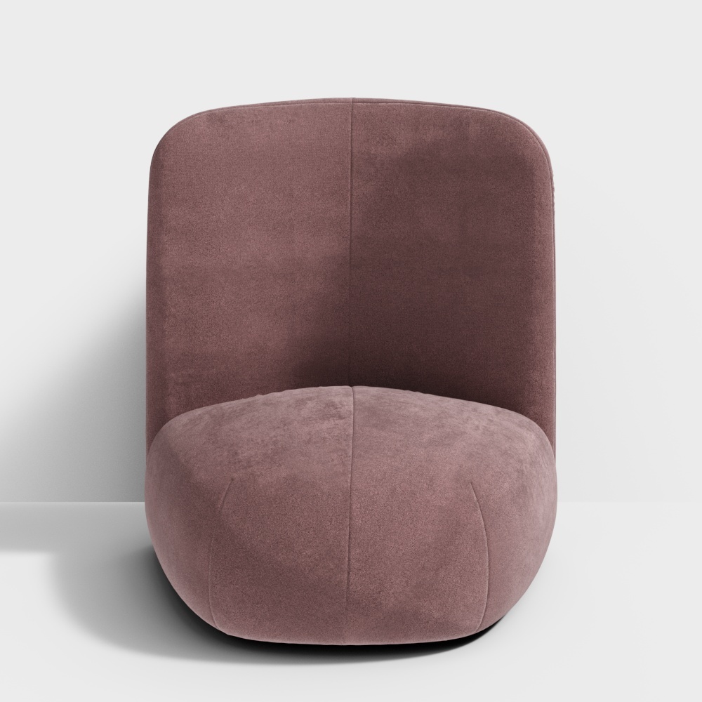 Modern dusty pink velvet armchair with high back and no legs on white background