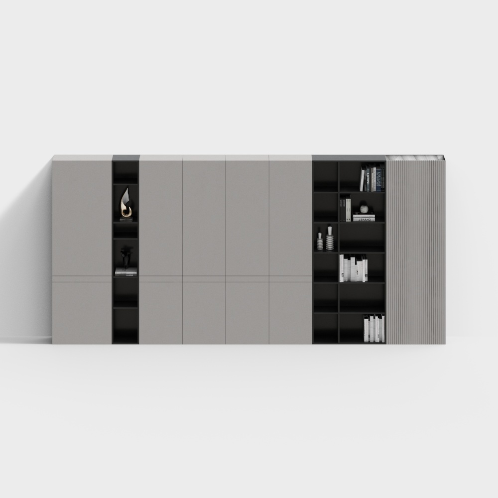Modern grey wall cabinet with black open shelves and fluted side panel on white background