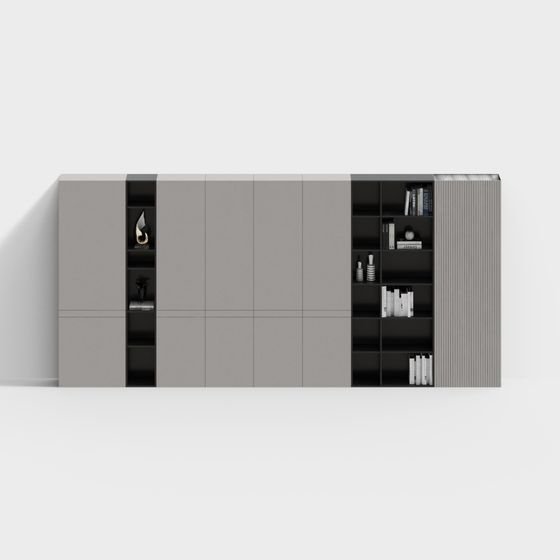 Modern grey wall cabinet with black open shelves and fluted side panel on white background