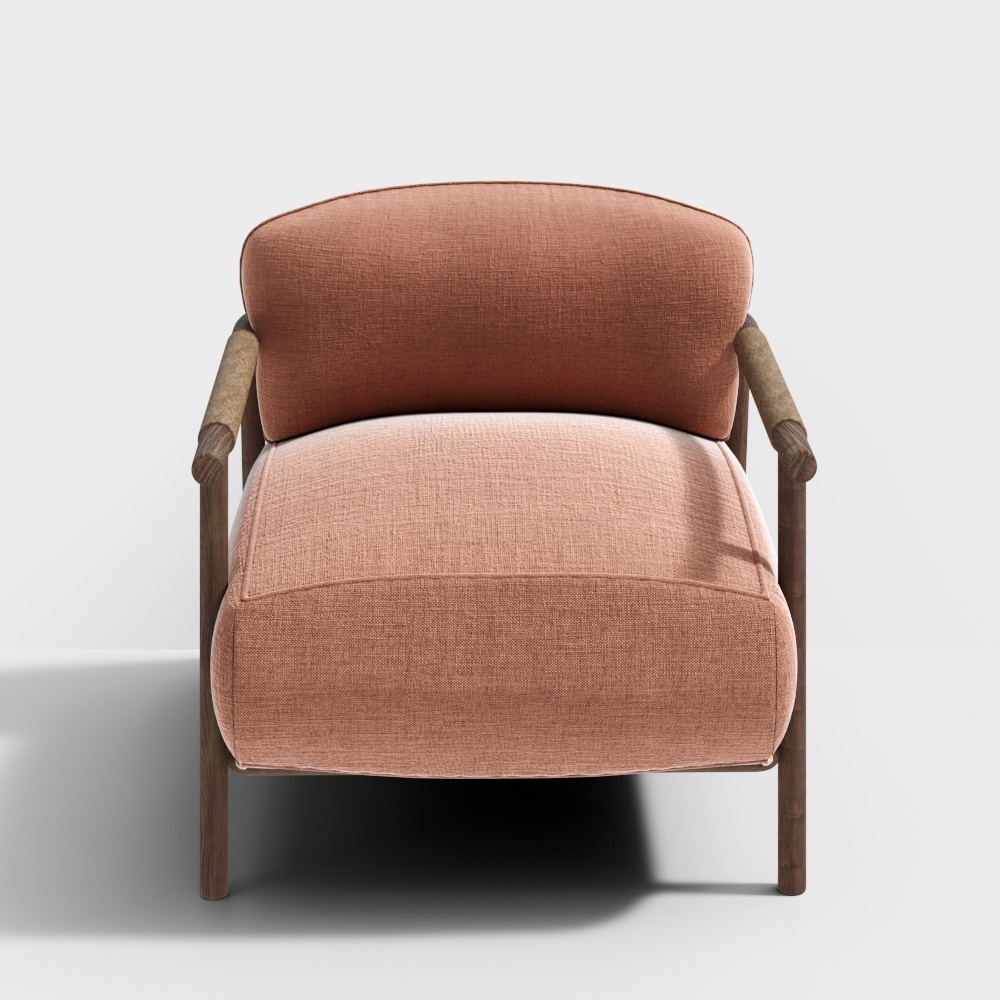 Modern pink fabric armchair with wooden frame and legs on white background