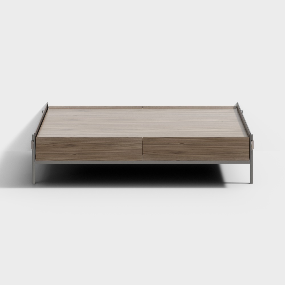 Modern light wood platform bed with metal frame and two storage drawers on white background