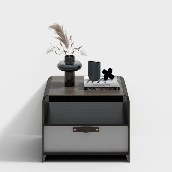 Modern dark wood bedside table with white drawer and black handle on white background