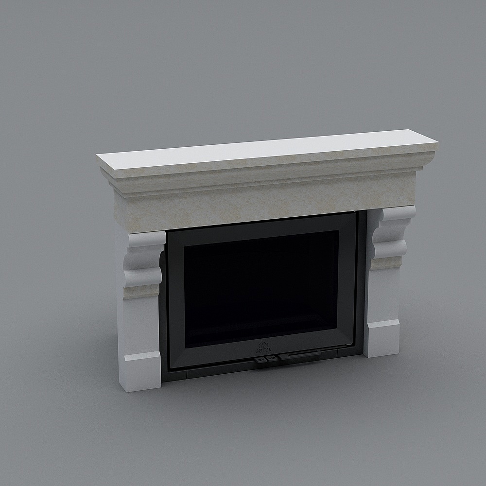 Classic white stone fireplace with black insert and decorative columns on grey background