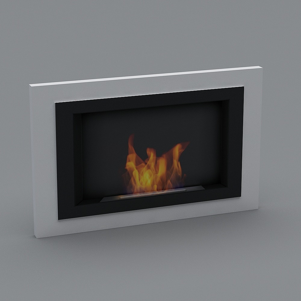Modern white wall mounted fireplace with black frame and yellow fire on grey background