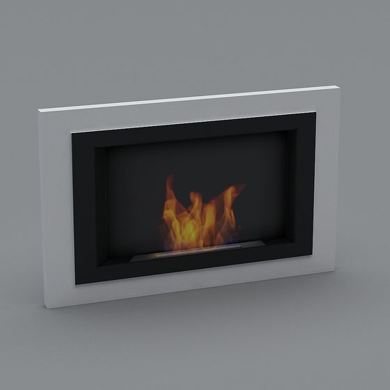 Modern white wall mounted fireplace with black frame and yellow fire on grey background