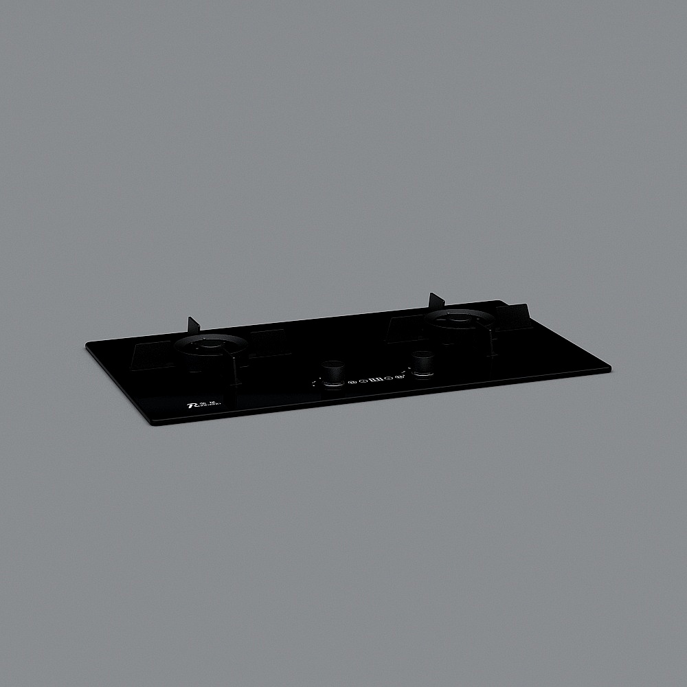 Modern black glass gas stove with two burners and control knobs on grey background