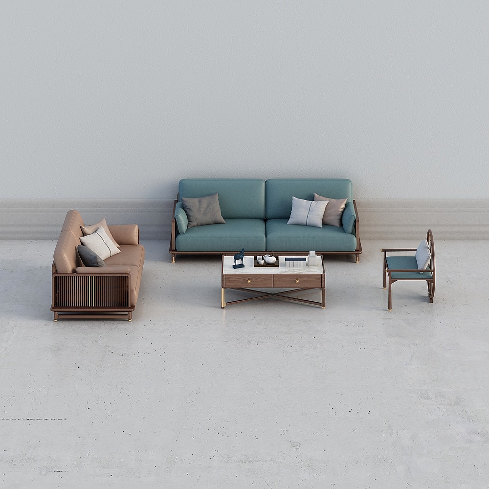 Modern living room set with teal sofa and beige armchair on light grey background