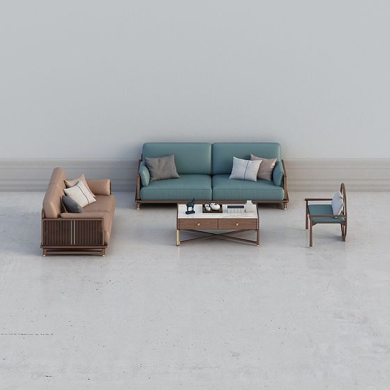 Modern living room set with teal sofa and beige armchair on light grey background