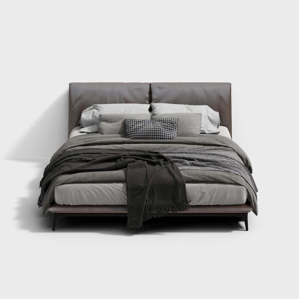 Modern king size bed with grey leather headboard and dark bedding on white background