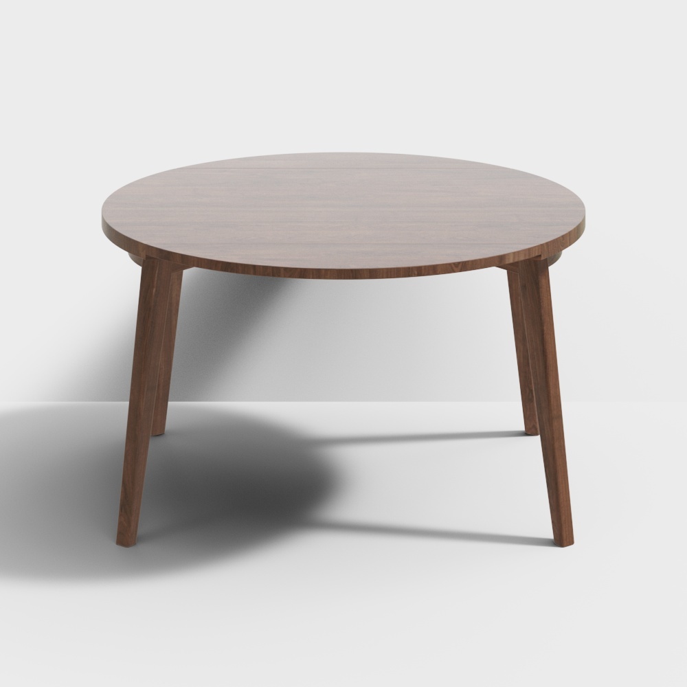 Round dark brown wooden coffee table with four legs on white background
