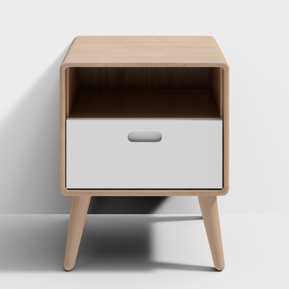 Modern light wood bedside table with white drawer and open shelf on grey background