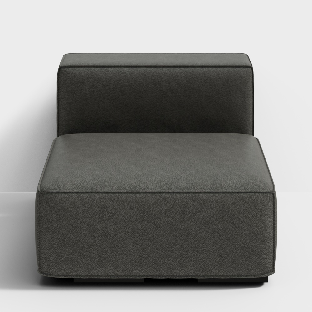 Modern dark grey leather armchair with square shape and low black legs on white background