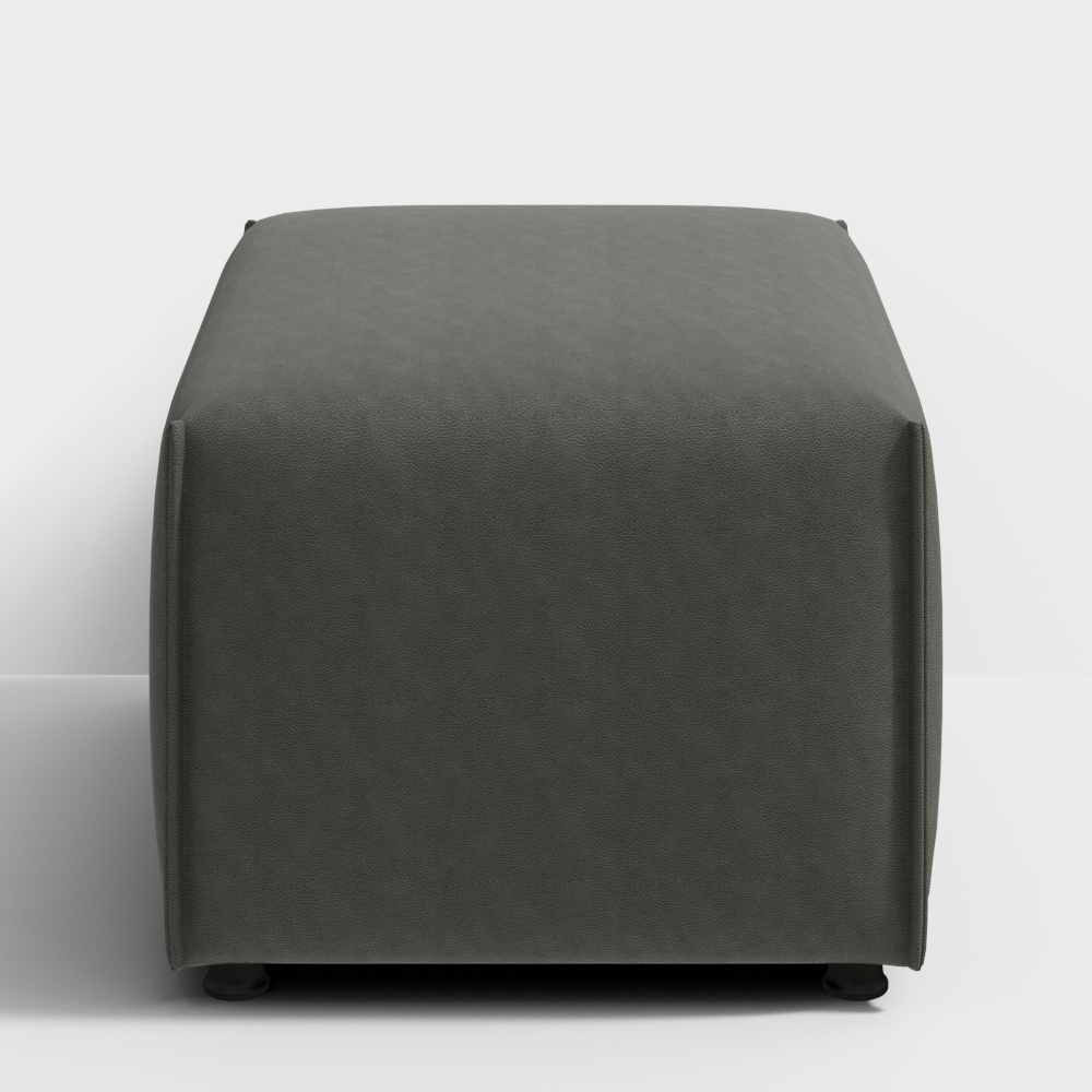 Modern dark grey leather ottoman with rounded corners and black feet on white background