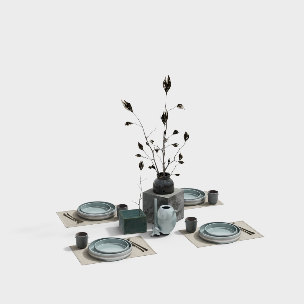 Minimalist Dining Set 3D Model – Blue-Gray Modern Design