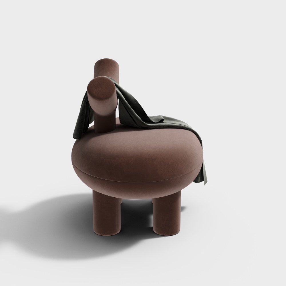 Modern brown round footrest with cylindrical legs and green throw on white background