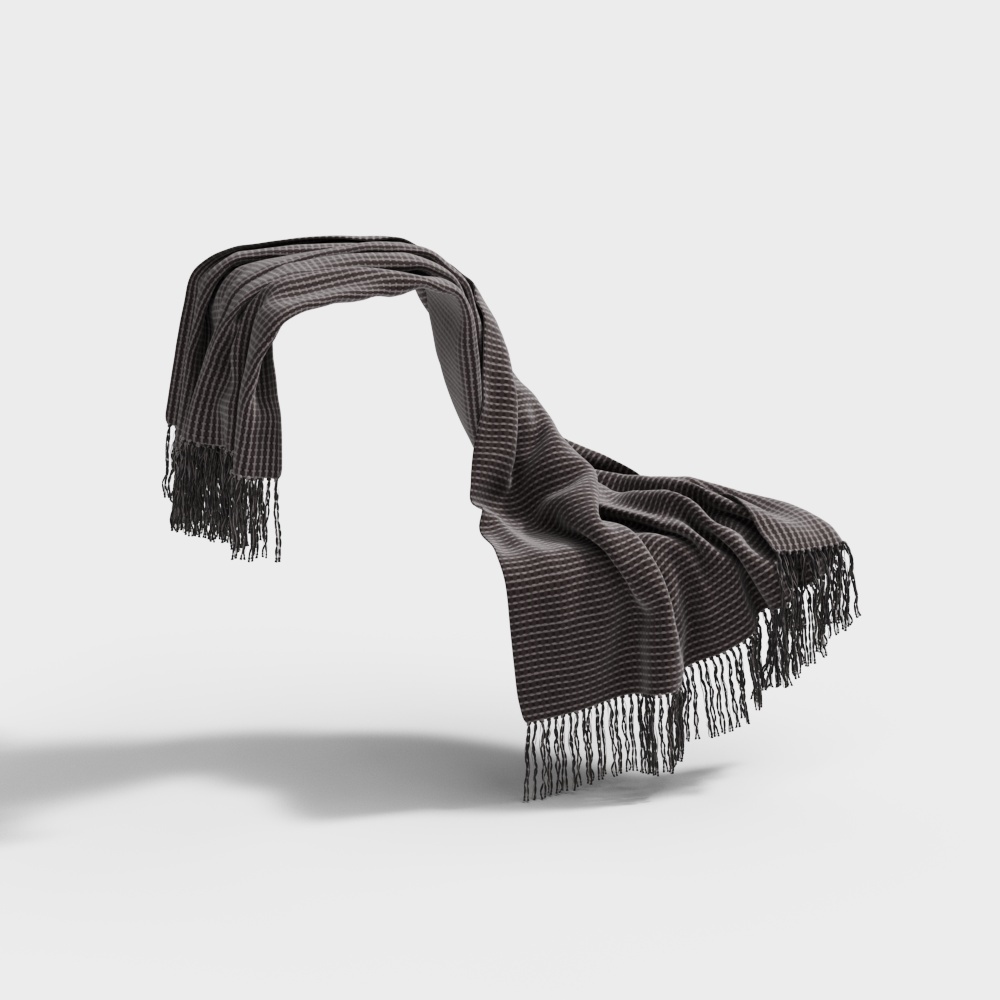 Dark grey wool throw blanket with striped pattern and long fringe on white background