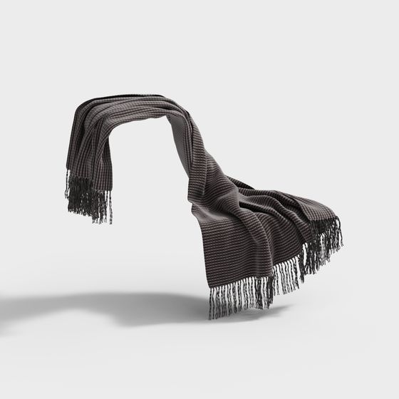 Dark grey wool throw blanket with striped pattern and long fringe on white background