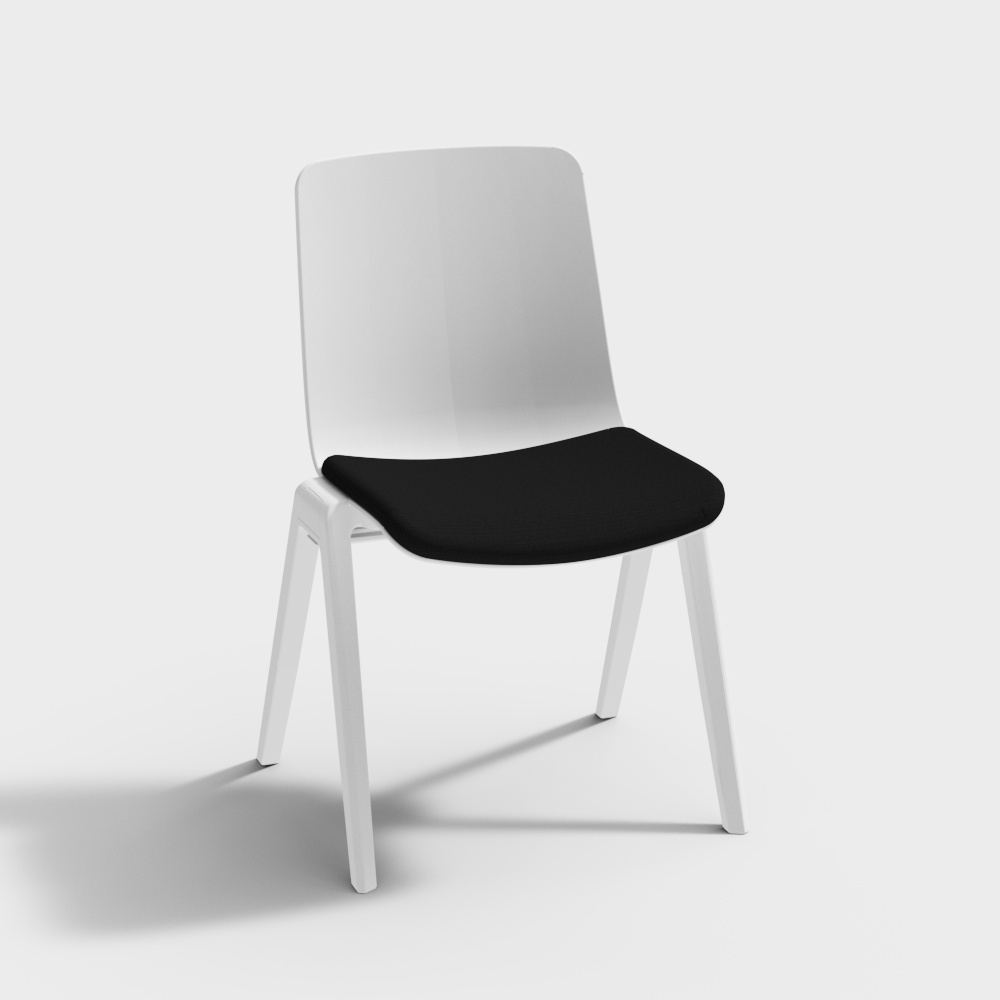 Modern white wooden chair with black fabric seat cushion on light grey background