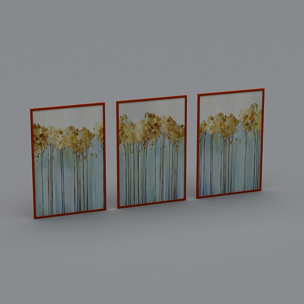 Set of three framed wall art with golden trees on blue background on grey background